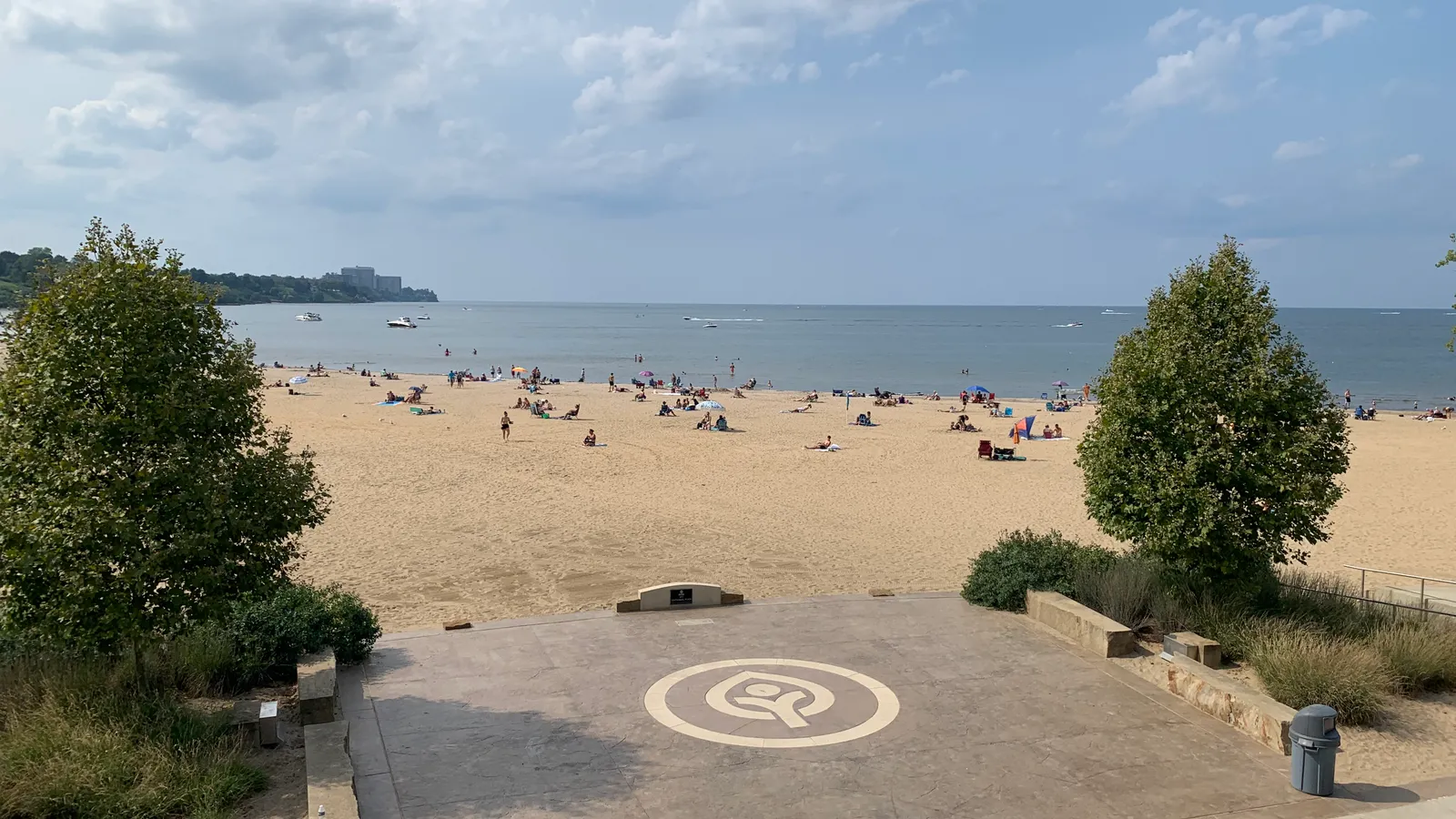 Edgewater Beach on Lake Erie on a summer day, with people on the sand