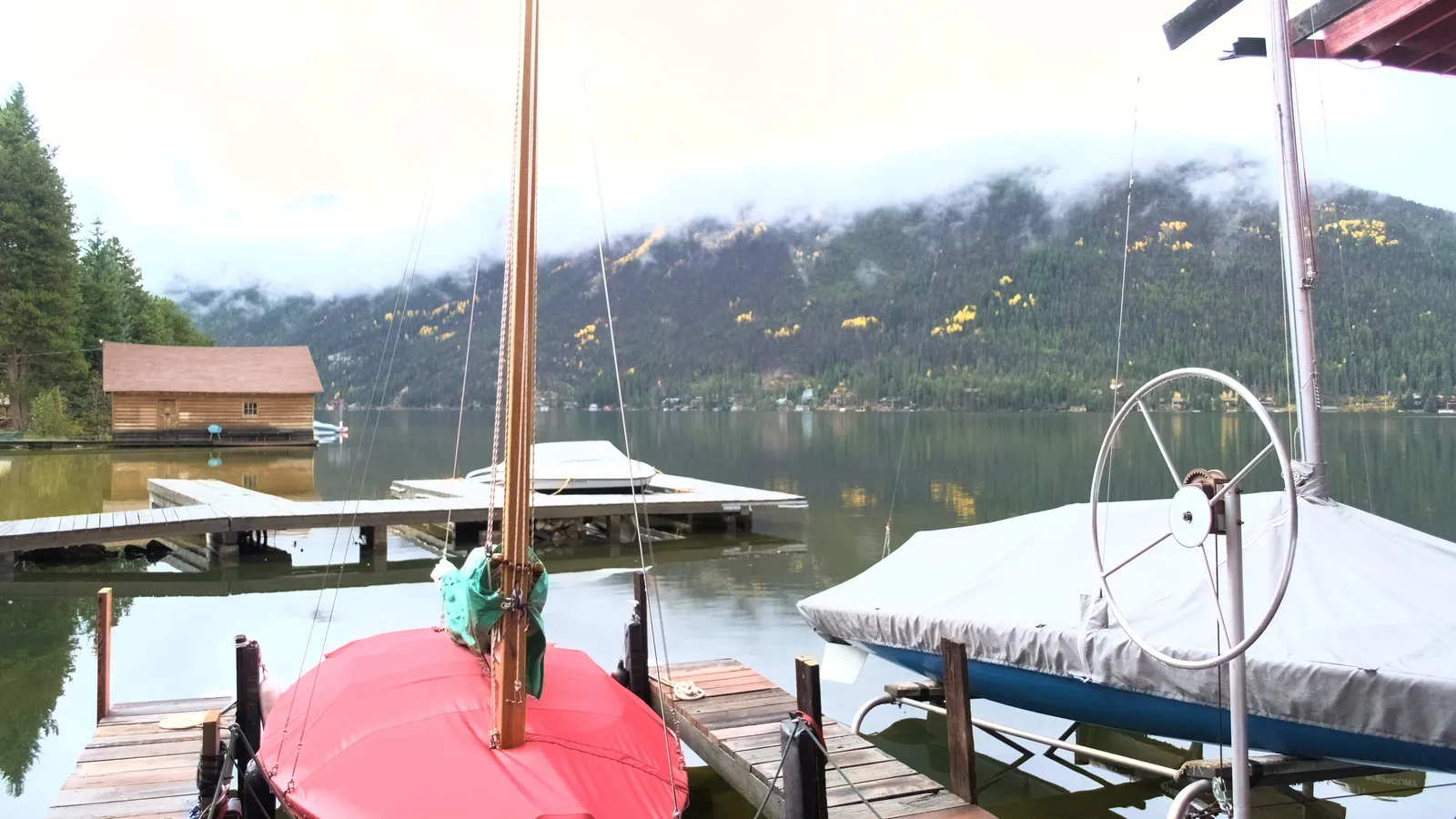 Boats tied up at the marina in the town of Grand Lake