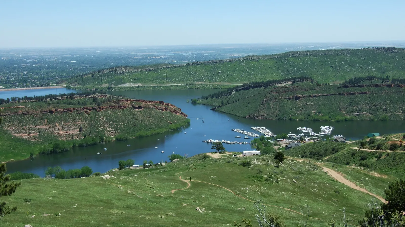 Inlet Bay on Horsetooth Reservoir from above, with the marina and the plains beyond