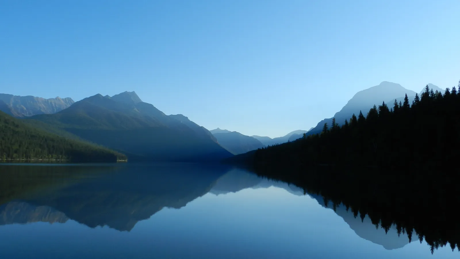 Mountains and forest reflected in glassy Bowman Lake at dawn