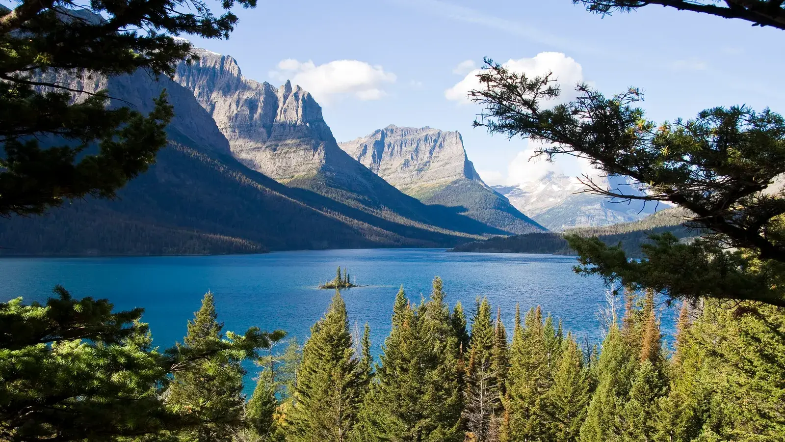 Wild Goose Island in the blue water of St. Mary Lake, framed by pine trees