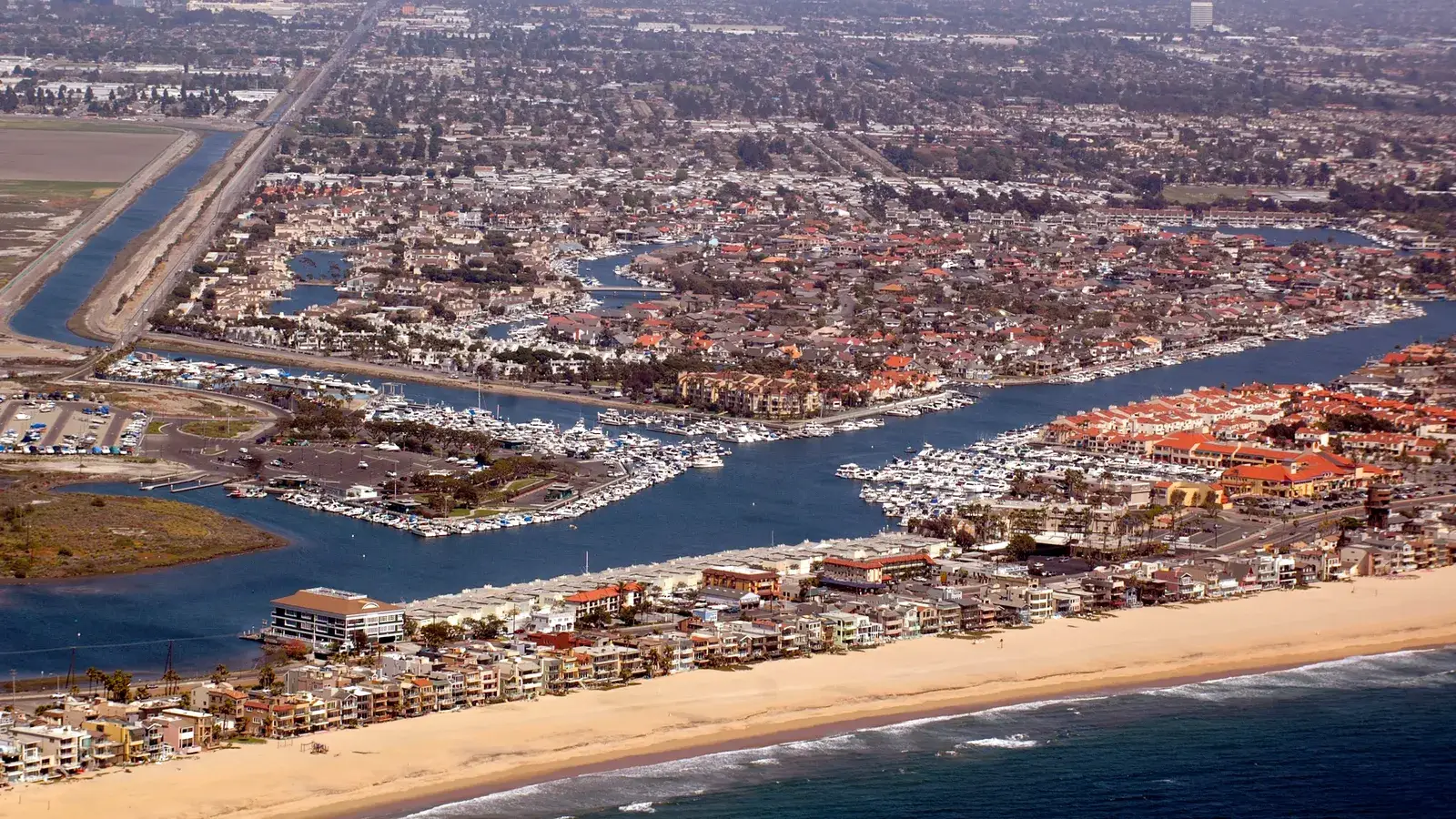 Huntington Harbour's channels running behind Sunset Beach, seen from the air