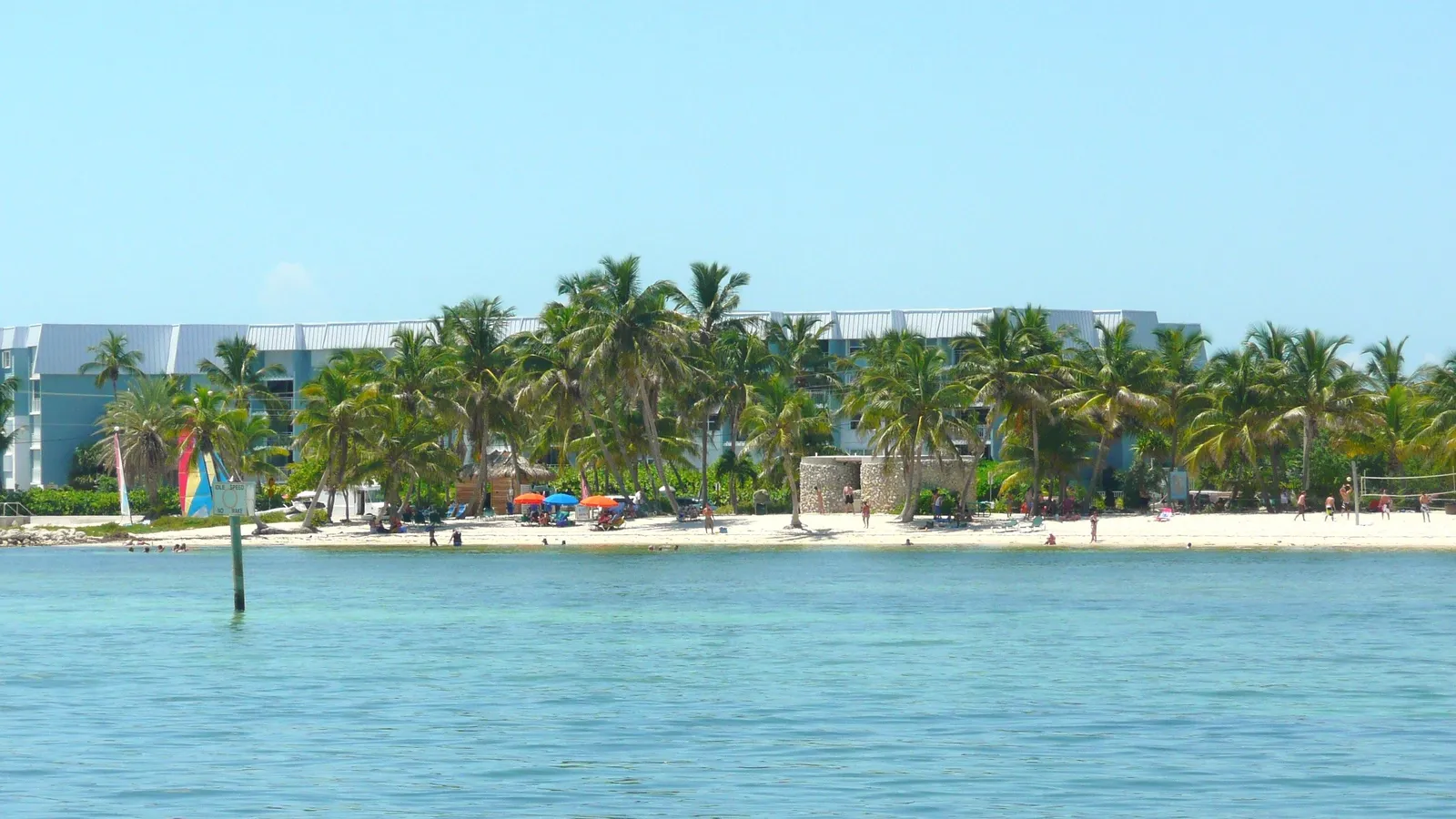 Calm shallow water off Smathers Beach in Key West, with palm trees along the shore