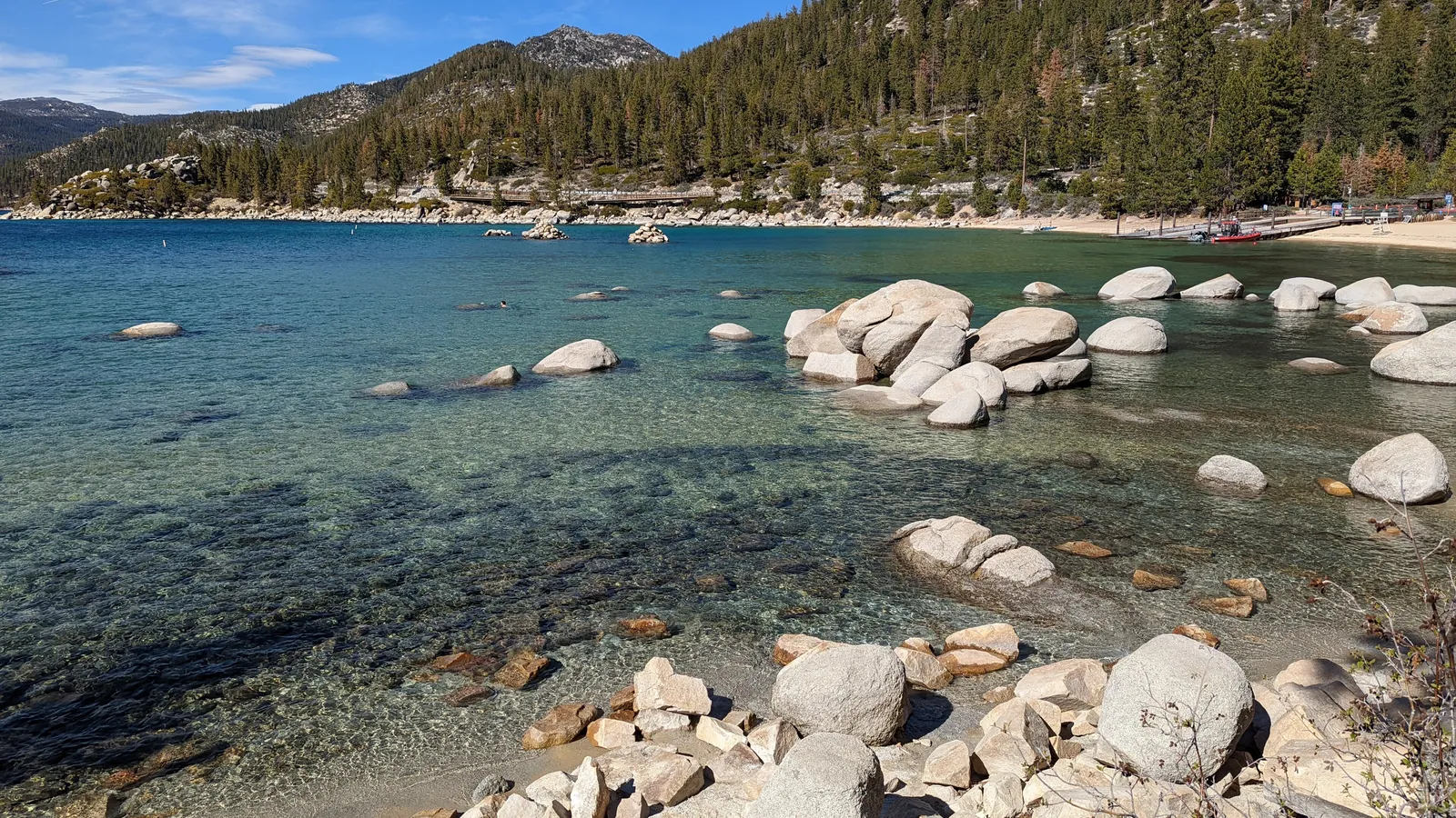 Granite boulders and clear shallow water in the cove at Sand Harbor