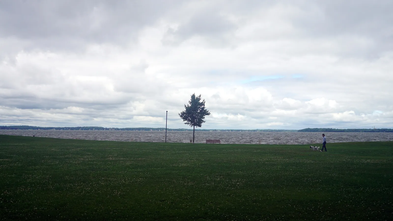 Lawn at James Madison Park running down to Lake Mendota under a cloudy sky