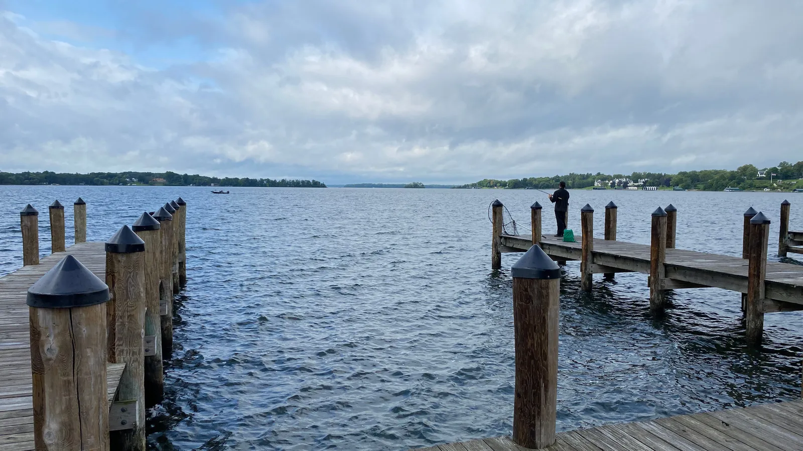 Wooden docks reaching into Wayzata Bay on Lake Minnetonka