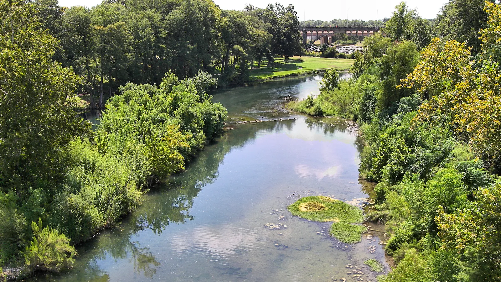 The Guadalupe River winding between green banks in New Braunfels, seen from the Faust Street Bridge