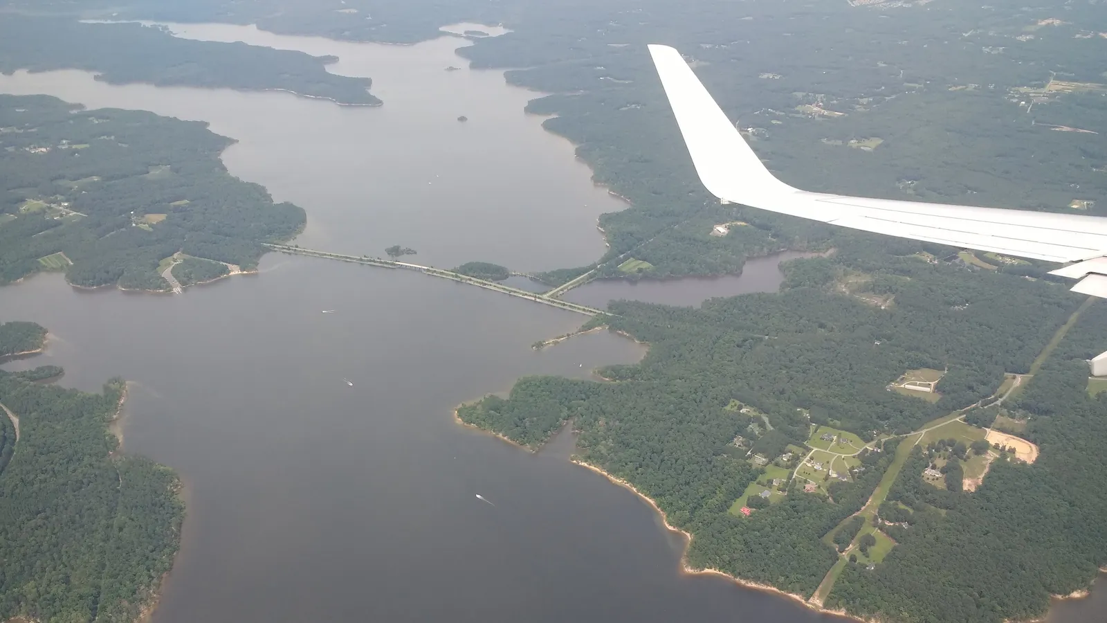 Aerial view of the wooded arms and coves of Jordan Lake