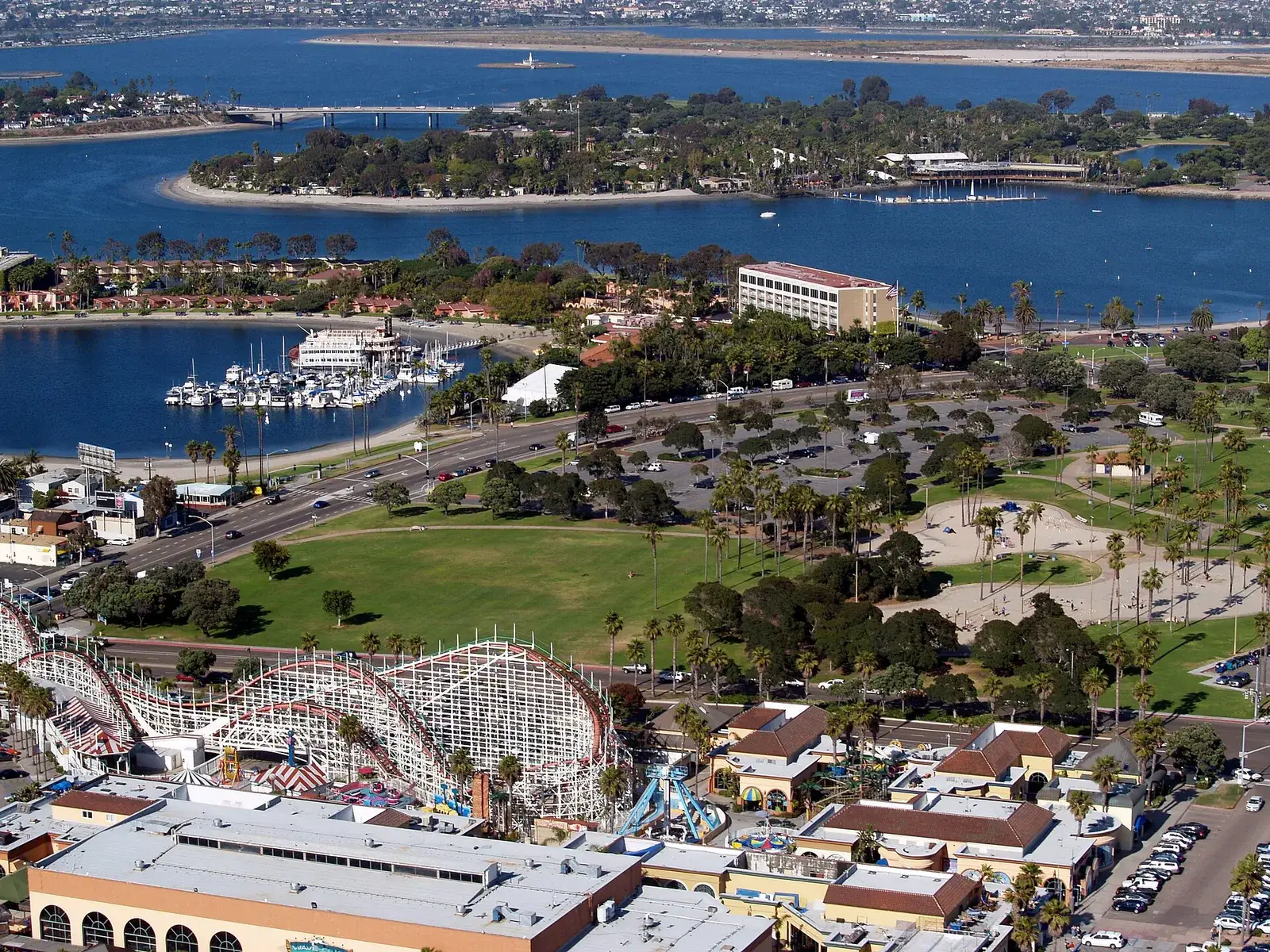 Aerial view over Mission Bay Park and its coves, San Diego