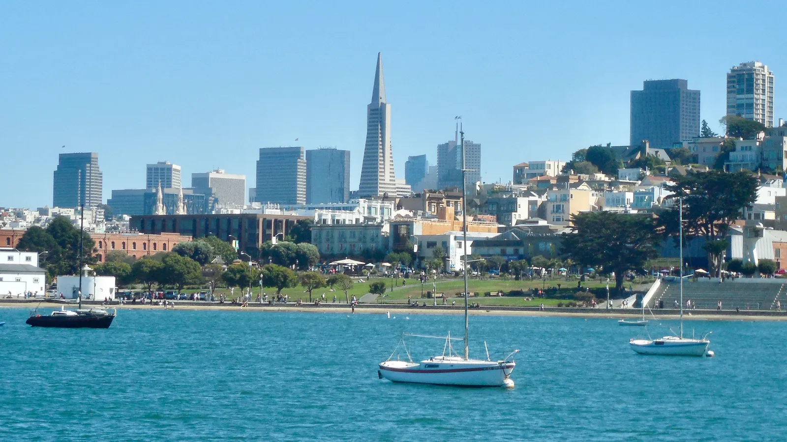 Sailboats moored in Aquatic Park Cove below the San Francisco skyline