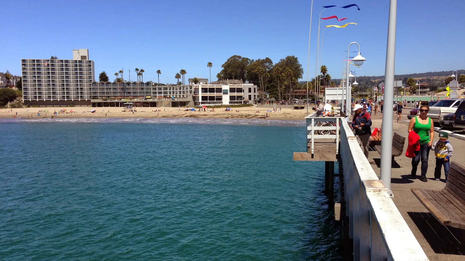 Calm water off Cowell Beach, seen from the Santa Cruz Wharf