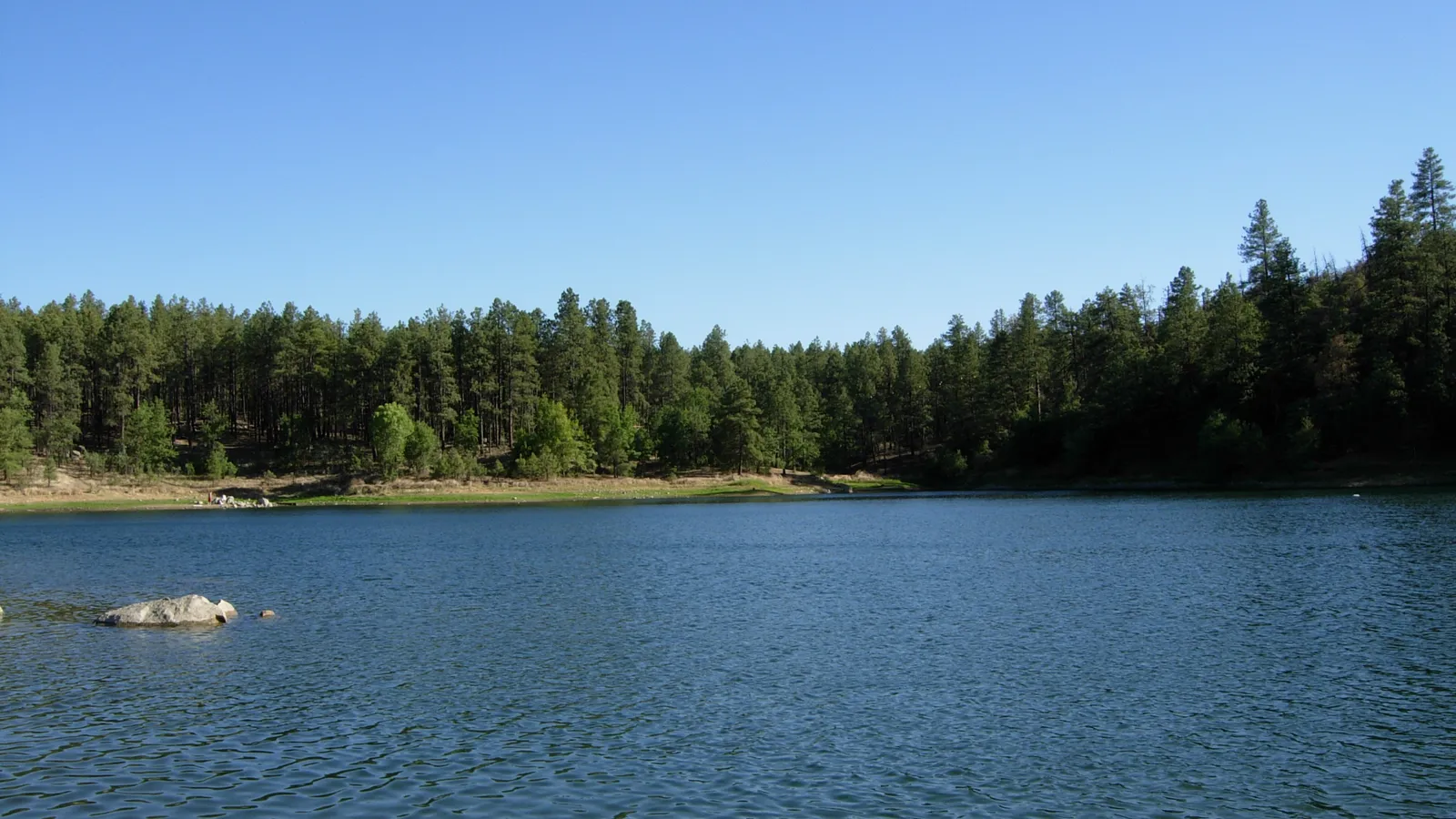 Upper Goldwater Lake surrounded by ponderosa pine forest