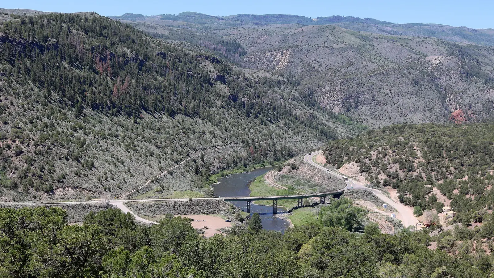 The Colorado River and the Highway 131 bridge at State Bridge, seen from the hillside above