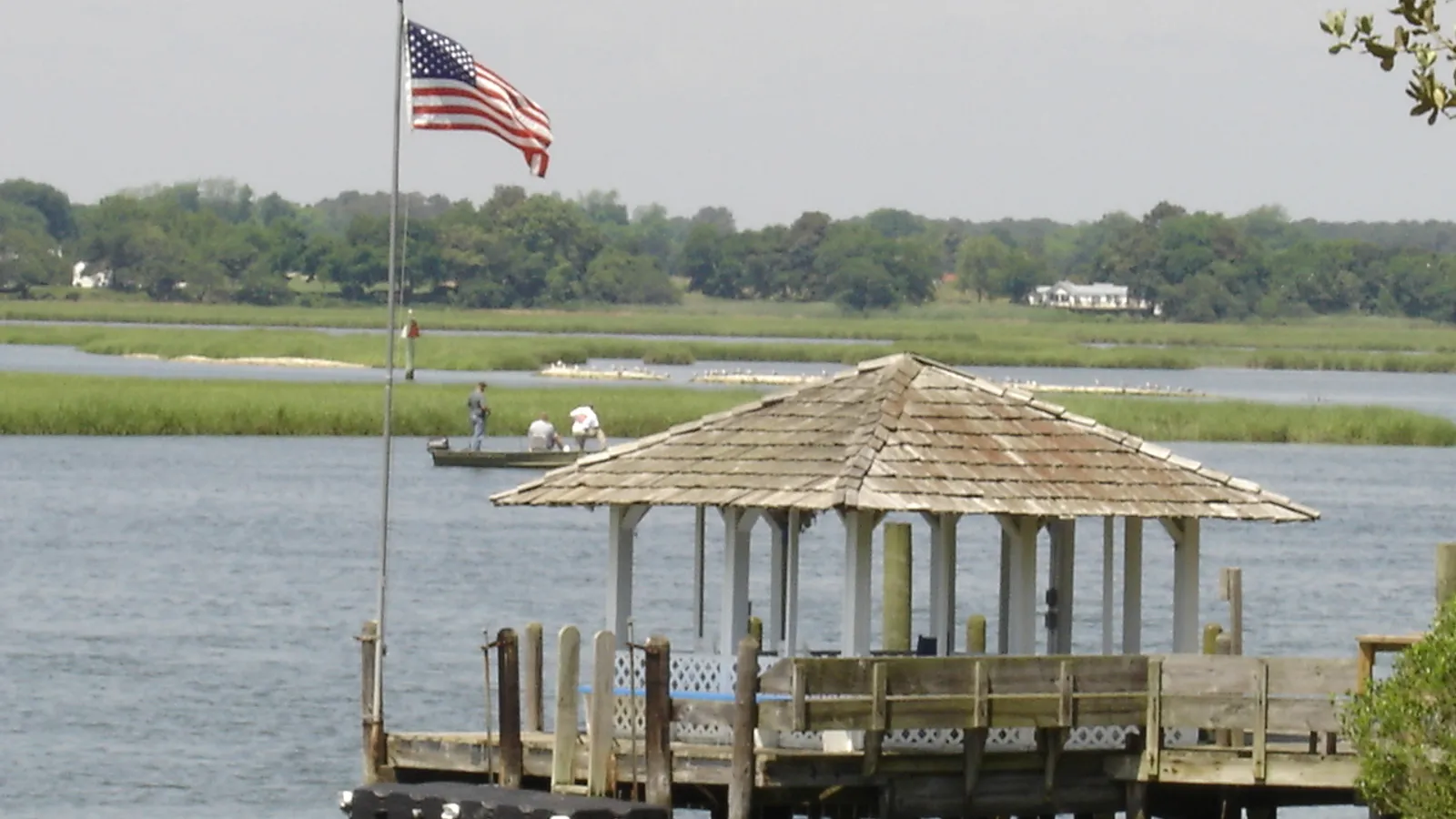 A gazebo pier and marsh islands on the Lynnhaven River near Great Neck Point