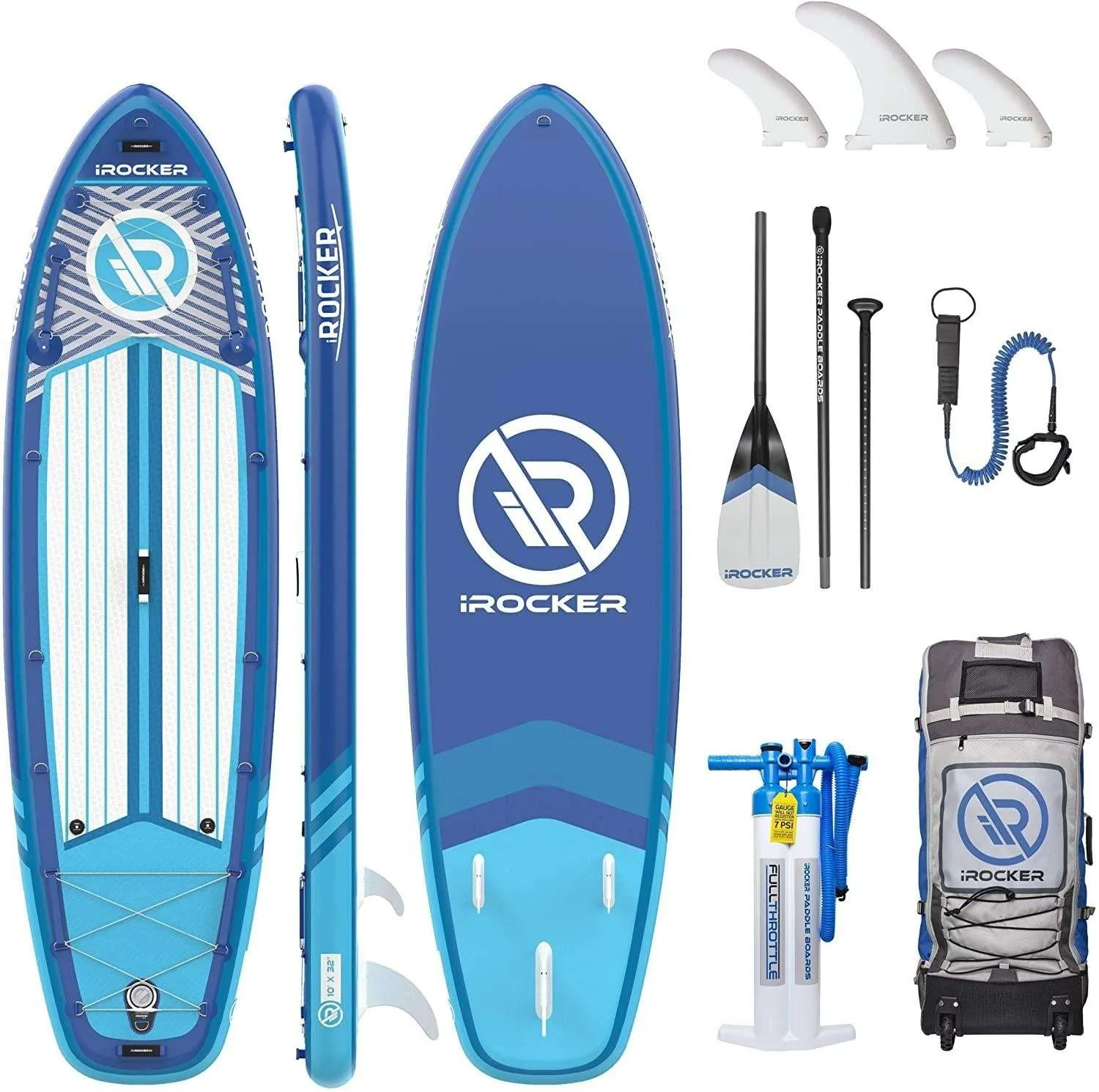 An earlier iROCKER All-Around 10' package with paddle, pump, fins, leash and wheeled bag